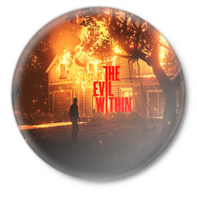 Значок с принтом THE EVIL WITHIN в городе Новоалтайск,  металл | круглая форма, металлическая застежка в виде булавки | bethesda softworks | horror | sebastian castellanos | tango gameworks | the evil within | одержимые | персонаж | пистолет | свет | тучи