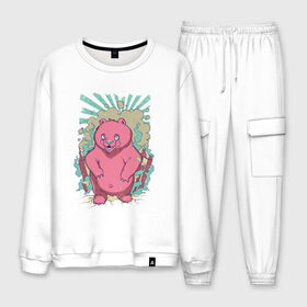 Мужской костюм хлопок с принтом Pink bear в городе Новоалтайск, 100% хлопок | на свитшоте круглая горловина, мягкая резинка по низу. Брюки заужены к низу, на них два вида карманов: два “обычных” по бокам и два объемных, с клапанами, расположенные ниже линии бедра. Брюки с мягкой трикотажной резинкой на поясе и по низу штанин. В поясе для дополнительного комфорта — широкие завязки | арт | графика