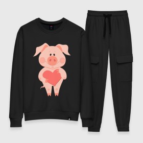 Женский костюм хлопок с принтом Love Pig в городе Новоалтайск, 100% хлопок | на свитшоте круглая горловина, мягкая резинка по низу. Брюки заужены к низу, на них два вида карманов: два 