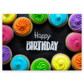 Поздравительная открытка с принтом Happy Birthday в городе Новоалтайск, 100% бумага | плотность бумаги 280 г/м2, матовая, на обратной стороне линовка и место для марки
 | cream | happy birthday | день рождения | кексы | крем | праздник | свечи