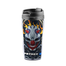 Термокружка-непроливайка с принтом Payday 2 в городе Новоалтайск, внутренняя часть — пищевой пластик, наружная часть — прозрачный пластик, между ними — полиграфическая вставка с рисунком | объем — 350 мл, герметичная крышка | chains day | game | gun | mask | payday | payday 2 | payday2 | грабители | зло | игра | клоун | маска | ограбление | оружие | пистолет