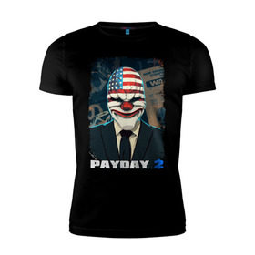 Мужская футболка премиум с принтом Payday 2 в городе Новоалтайск, 92% хлопок, 8% лайкра | приталенный силуэт, круглый вырез ворота, длина до линии бедра, короткий рукав | chains day | game | gun | mask | payday | payday 2 | payday2 | грабители | зло | игра | клоун | маска | ограбление | оружие | пистолет