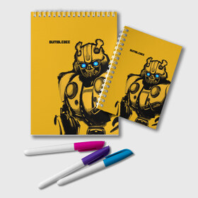Блокнот с принтом BUMBLEBEE в городе Новоалтайск, 100% бумага | 48 листов, плотность листов — 60 г/м2, плотность картонной обложки — 250 г/м2. Листы скреплены удобной пружинной спиралью. Цвет линий — светло-серый
 | Тематика изображения на принте: bumblebee | автобот | бамблби | герой | камаро | прайм | робот | трансформеры | фильм | шевроле