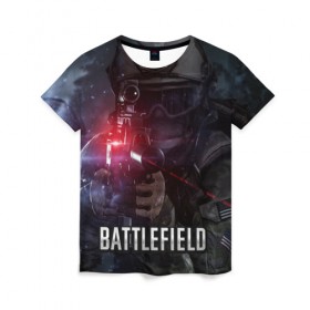 Женская футболка 3D с принтом BATTLEFIELD в городе Новоалтайск, 100% полиэфир ( синтетическое хлопкоподобное полотно) | прямой крой, круглый вырез горловины, длина до линии бедер | battlefield | бателфилд | игра | компьютерная игра | надпись | поле битвы | стрелялка | шутер