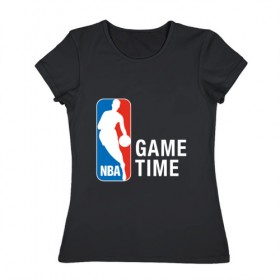 Женская футболка хлопок с принтом NBA - Game Time в городе Новоалтайск, 100% хлопок | прямой крой, круглый вырез горловины, длина до линии бедер, слегка спущенное плечо | and1 | basketball | coach | game | james | jordan | lebron | mvp | nba | player | slam dunk | sport | streetball | team | баскетбол | баскетболист | бросок | джеймс | джордан | игра | игрок | леброн | мяч | нба | победа | слэм данк | спорт | тре