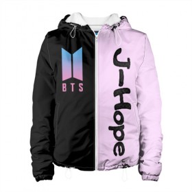 Женская куртка 3D с принтом BTS J-hope в городе Новоалтайск, ткань верха — 100% полиэстер, подклад — флис | прямой крой, подол и капюшон оформлены резинкой с фиксаторами, два кармана без застежек по бокам, один большой потайной карман на груди. Карман на груди застегивается на липучку | bts | j hope | бтс | группа | корейская | музыка | розовый | цветы | черный