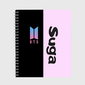 Тетрадь с принтом BTS Suga в городе Новоалтайск, 100% бумага | 48 листов, плотность листов — 60 г/м2, плотность картонной обложки — 250 г/м2. Листы скреплены сбоку удобной пружинной спиралью. Уголки страниц и обложки скругленные. Цвет линий — светло-серый
 | bts | suga | бтс | группа | корейская | музыка | розовый | цветы | черный