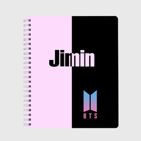 Тетрадь с принтом BTS Jimin в городе Новоалтайск, 100% бумага | 48 листов, плотность листов — 60 г/м2, плотность картонной обложки — 250 г/м2. Листы скреплены сбоку удобной пружинной спиралью. Уголки страниц и обложки скругленные. Цвет линий — светло-серый
 | bts | jimin | бтс | группа | корейская | музыка | розовый | цветы | черный
