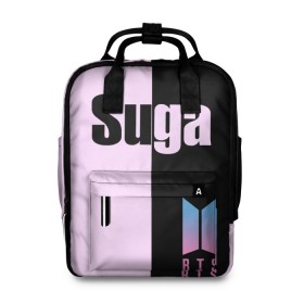 Женский рюкзак 3D с принтом BTS Suga в городе Новоалтайск, 100% полиэстер | лямки с регулируемой длиной, сверху ручки, чтобы рюкзак нести как сумку. Основное отделение закрывается на молнию, как и внешний карман. Внутри два дополнительных кармана, один из которых закрывается на молнию. По бокам два дополнительных кармашка, куда поместится маленькая бутылочка
 | Тематика изображения на принте: bts | suga | бтс | группа | корейская | музыка | розовый | цветы | черный