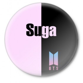 Значок с принтом BTS Suga в городе Новоалтайск,  металл | круглая форма, металлическая застежка в виде булавки | bts | suga | бтс | группа | корейская | музыка | розовый | цветы | черный