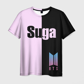 Мужская футболка 3D с принтом BTS Suga в городе Новоалтайск, 100% полиэфир | прямой крой, круглый вырез горловины, длина до линии бедер | Тематика изображения на принте: bts | suga | бтс | группа | корейская | музыка | розовый | цветы | черный