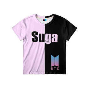 Детская футболка 3D с принтом BTS Suga в городе Новоалтайск, 100% гипоаллергенный полиэфир | прямой крой, круглый вырез горловины, длина до линии бедер, чуть спущенное плечо, ткань немного тянется | bts | suga | бтс | группа | корейская | музыка | розовый | цветы | черный