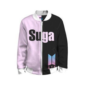 Детский бомбер 3D с принтом BTS Suga в городе Новоалтайск, 100% полиэстер | застегивается на молнию, по бокам два кармана без застежек, мягкие манжеты, по низу бомбера и на воротнике — эластичная резинка | bts | suga | бтс | группа | корейская | музыка | розовый | цветы | черный