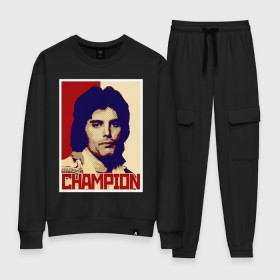 Женский костюм хлопок с принтом We are the Champions в городе Новоалтайск, 100% хлопок | на свитшоте круглая горловина, мягкая резинка по низу. Брюки заужены к низу, на них два вида карманов: два 