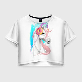 Женская футболка 3D укороченная с принтом Music Unicorn Art в городе Новоалтайск, 100% полиэстер | круглая горловина, длина футболки до линии талии, рукава с отворотами | волшебный | единорог | единорожик | единорожка | магия | музыка | пончик | пончики