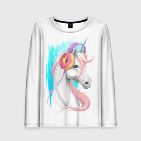 Женский лонгслив 3D с принтом Music Unicorn Art в городе Новоалтайск, 100% полиэстер | длинные рукава, круглый вырез горловины, полуприлегающий силуэт | волшебный | единорог | единорожик | единорожка | магия | музыка | пончик | пончики