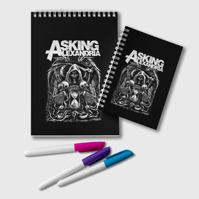 Блокнот с принтом Asking Alexandria в городе Новоалтайск, 100% бумага | 48 листов, плотность листов — 60 г/м2, плотность картонной обложки — 250 г/м2. Листы скреплены удобной пружинной спиралью. Цвет линий — светло-серый
 | Тематика изображения на принте: asking alexandria | аскинг александриа | группы | метал | музыка | рок | хэви метал | электроникор
