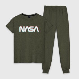 Женская пижама хлопок с принтом NASA GLITCH в городе Новоалтайск, 100% хлопок | брюки и футболка прямого кроя, без карманов, на брюках мягкая резинка на поясе и по низу штанин | galaxy | nasa | space | space company | star | астрономия | галактика | звезды | космическая компания | космос | наса