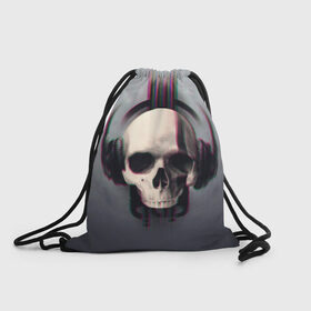 Рюкзак-мешок 3D с принтом Skull Glitch в городе Новоалтайск, 100% полиэстер | плотность ткани — 200 г/м2, размер — 35 х 45 см; лямки — толстые шнурки, застежка на шнуровке, без карманов и подкладки | Тематика изображения на принте: dnb | glitch | skull | глитч | глич | драм | клубная | мошпит | музыка | пиратская станция | рейв | слэм | череп | электро