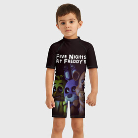 Детский купальный костюм 3D с принтом Five Nights At Freddys в городе Новоалтайск, Полиэстер 85%, Спандекс 15% | застежка на молнии на спине | five nights at freddys | foxy | аниматроники | игра | компьютерная игра | робот | фокси | фредди | чика