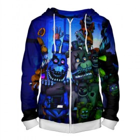 Мужская толстовка 3D на молнии с принтом Five Nights At Freddy`s в городе Новоалтайск, 100% полиэстер | длина до линии бедра, манжеты и пояс оформлены мягкой тканевой резинкой, двухслойный капюшон со шнурком для регулировки, спереди молния, по бокам два кармана | five nights at freddys | foxy | аниматроники | игра | компьютерная игра | робот | фокси | фредди | чика