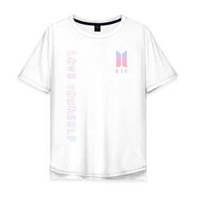 Мужская футболка хлопок Oversize с принтом BTS LOVE YOURSELF в городе Новоалтайск, 100% хлопок | свободный крой, круглый ворот, “спинка” длиннее передней части | bangtan boys | bt21 | bts | bts army | bts stickers | j hope | jimin | jin | jungkook | k pop | rap monster | rapmon | suga | v | бтс | корея | стикеры bts