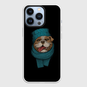 Чехол для iPhone 13 Pro с принтом Бульдог в городе Новоалтайск,  |  | Тематика изображения на принте: арт | бульдог | вязанный | зима | зимняя одежда | иллюстрация | пес | песик | псина | собака | шарф