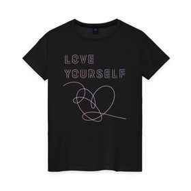 Женская футболка хлопок с принтом BTS LOVE YOURSELF в городе Новоалтайск, 100% хлопок | прямой крой, круглый вырез горловины, длина до линии бедер, слегка спущенное плечо | bangtan boys | bt21 | bts | bts army | bts stickers | j hope | jimin | jin | jungkook | k pop | rap monster | rapmon | suga | v | бтс | корея | стикеры bts