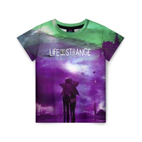 Детская футболка 3D с принтом Life is Strange в городе Новоалтайск, 100% гипоаллергенный полиэфир | прямой крой, круглый вырез горловины, длина до линии бедер, чуть спущенное плечо, ткань немного тянется | caulfield | chloe price | game | kate marsh | life | life is strange | life is strange: before the storm | max | strange | две луны | игры | кейт марш | колфилд | макс | подростки | студенты