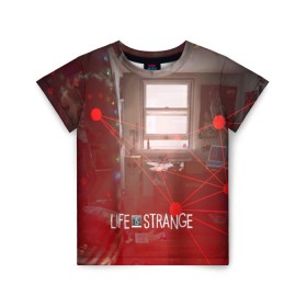 Детская футболка 3D с принтом Life is Strange в городе Новоалтайск, 100% гипоаллергенный полиэфир | прямой крой, круглый вырез горловины, длина до линии бедер, чуть спущенное плечо, ткань немного тянется | caulfield | chloe price | game | kate marsh | life | life is strange | life is strange: before the storm | max | strange | две луны | игры | кейт марш | колфилд | макс | подростки | студенты