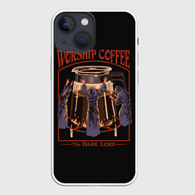 Чехол для iPhone 13 mini с принтом Worship Coffee в городе Новоалтайск,  |  | Тематика изображения на принте: 80 е | 80s | 90 е | 90s | oldschool | retro | retrowave | stranger thing | vintage | винтаж | олдскул | ретро | ретровейв | странные дела