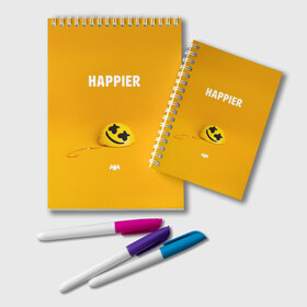 Блокнот с принтом Marshmello Happier в городе Новоалтайск, 100% бумага | 48 листов, плотность листов — 60 г/м2, плотность картонной обложки — 250 г/м2. Листы скреплены удобной пружинной спиралью. Цвет линий — светло-серый
 | christopher | comstock | dj | dotcom | friends | marshmallow | marshmello | usa | диджей | друзья | комсток | крис | маршмэллоу | продюсер | сша