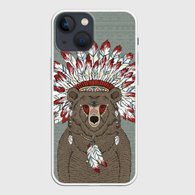 Чехол для iPhone 13 mini с принтом Медведь индеец в городе Новоалтайск,  |  | animal | bear | braids | feathers | in | взгляд | голова | графика | дикий | животное | индеец | ирокез | картинка | косы | красивый | крутой | лучший | медведь | мода | модный | молодёжная | орнамент | перья | природа