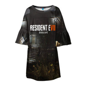 Детское платье 3D с принтом RESIDENT EVIL 7 в городе Новоалтайск, 100% полиэстер | прямой силуэт, чуть расширенный к низу. Круглая горловина, на рукавах — воланы | Тематика изображения на принте: biohazard | biohazard 7 | crocodile | fang | game | hand | monster | new umbrella | resident evil | resident evil 7 | umbrella | umbrella corp | umbrella corporation | zombie