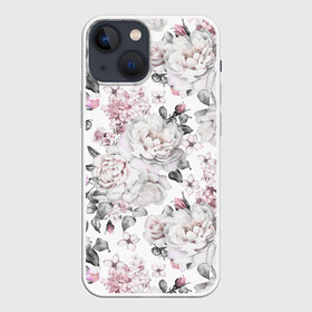 Чехол для iPhone 13 mini с принтом Белые розы в городе Новоалтайск,  |  | bouquets | color | gray | leave | lowers | ornament | patterns | pink | roses | букеты | графика | искусство | картинка | красивый | крутой | листья | мода | модный | молодёжная | орнамент | рисунок | розовые | розы | рукоделие | серый