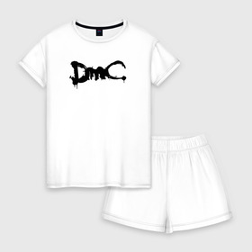Женская пижама с шортиками хлопок с принтом DMC в городе Новоалтайск, 100% хлопок | футболка прямого кроя, шорты свободные с широкой мягкой резинкой | dante | devil may cry | devil may cry 5 | dmc | game | hell | play | sword | ад | данте | игры | компьютерные игры 2019 | меч