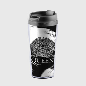 Термокружка-непроливайка с принтом Queen в городе Новоалтайск, внутренняя часть — пищевой пластик, наружная часть — прозрачный пластик, между ними — полиграфическая вставка с рисунком | объем — 350 мл, герметичная крышка | Тематика изображения на принте: queen | брайан мэи | британская | группа | джон дикон | королева | роджер тейлор | рок | фредди меркьюри