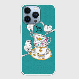 Чехол для iPhone 13 Pro с принтом Tea party в городе Новоалтайск,  |  | art | best | c | creativity | drawing | graphics | phontase | picture | белый | блюдца | вечеринка | графика | зелёный | искусство | картинка | кружки | крутой | ложки | лучший | модный | птицы | расписные | рисунок | розы