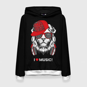 Женская толстовка 3D с принтом I love music! в городе Новоалтайск, 100% полиэстер  | двухслойный капюшон со шнурком для регулировки, мягкие манжеты на рукавах и по низу толстовки, спереди карман-кенгуру с мягким внутренним слоем. | art | creativity | drawing | graphics | ph | picture | бейсболка | голова | графика | грива | дикий | животное | искусство | картинка | красный | крутой | лев | лучший | модный | музыка | наушники | очки | рисунок | сердце