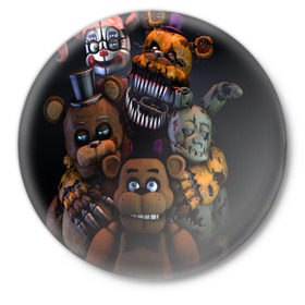 Значок с принтом Five Nights at Freddy`s в городе Новоалтайск,  металл | круглая форма, металлическая застежка в виде булавки | Тематика изображения на принте: five nights at freddy s | game | horror | игры | механические куклы | ночь | охранник | пять ночей у фредди | светящиеся глаза | ужас