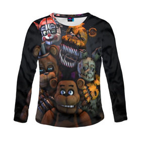 Женский лонгслив 3D с принтом Five Nights at Freddy`s в городе Новоалтайск, 100% полиэстер | длинные рукава, круглый вырез горловины, полуприлегающий силуэт | five nights at freddy s | game | horror | игры | механические куклы | ночь | охранник | пять ночей у фредди | светящиеся глаза | ужас
