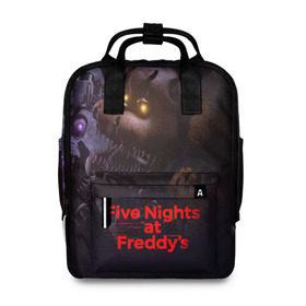 Женский рюкзак 3D с принтом Five Nights at Freddys в городе Новоалтайск, 100% полиэстер | лямки с регулируемой длиной, сверху ручки, чтобы рюкзак нести как сумку. Основное отделение закрывается на молнию, как и внешний карман. Внутри два дополнительных кармана, один из которых закрывается на молнию. По бокам два дополнительных кармашка, куда поместится маленькая бутылочка
 | five nights at freddy s | game | horror | игры | механические куклы | ночь | охранник | пять ночей у фредди | светящиеся глаза | ужас