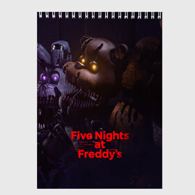 Скетчбук с принтом Five Nights at Freddys в городе Новоалтайск, 100% бумага
 | 48 листов, плотность листов — 100 г/м2, плотность картонной обложки — 250 г/м2. Листы скреплены сверху удобной пружинной спиралью | five nights at freddy s | game | horror | игры | механические куклы | ночь | охранник | пять ночей у фредди | светящиеся глаза | ужас