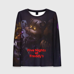 Женский лонгслив 3D с принтом Five Nights at Freddy`s в городе Новоалтайск, 100% полиэстер | длинные рукава, круглый вырез горловины, полуприлегающий силуэт | five nights at freddy s | game | horror | игры | механические куклы | ночь | охранник | пять ночей у фредди | светящиеся глаза | ужас