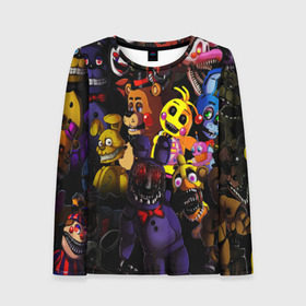 Женский лонгслив 3D с принтом Five Nights at Freddy`s в городе Новоалтайск, 100% полиэстер | длинные рукава, круглый вырез горловины, полуприлегающий силуэт | five nights at freddy s | game | horror | игры | механические куклы | ночь | охранник | пять ночей у фредди | светящиеся глаза | ужас