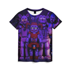 Женская футболка 3D с принтом Five Nights at Freddy`s в городе Новоалтайск, 100% полиэфир ( синтетическое хлопкоподобное полотно) | прямой крой, круглый вырез горловины, длина до линии бедер | five nights at freddy s | game | horror | игры | механические куклы | ночь | охранник | пять ночей у фредди | светящиеся глаза | ужас