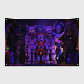 Флаг-баннер с принтом Five Nights at Freddys в городе Новоалтайск, 100% полиэстер | размер 67 х 109 см, плотность ткани — 95 г/м2; по краям флага есть четыре люверса для крепления | five nights at freddy s | game | horror | игры | механические куклы | ночь | охранник | пять ночей у фредди | светящиеся глаза | ужас