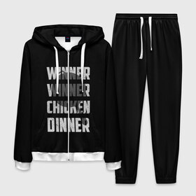 Мужской костюм 3D с принтом WINNER WINNER CHICKEN DINNER в городе Новоалтайск, 100% полиэстер | Манжеты и пояс оформлены тканевой резинкой, двухслойный капюшон со шнурком для регулировки, карманы спереди | Тематика изображения на принте: action | battlegrounds | chiken | game | online | playerunknown’s | pubg | игры | камуфляж | курица | наемники | огонь | пабг | пубг | сковорода | солдаты | шутер