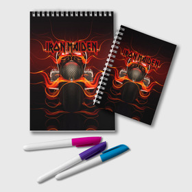 Блокнот с принтом Iron Maiden в городе Новоалтайск, 100% бумага | 48 листов, плотность листов — 60 г/м2, плотность картонной обложки — 250 г/м2. Листы скреплены удобной пружинной спиралью. Цвет линий — светло-серый
 | бас | британия | брюс дикинсон | гитара | группа | дева | железная | метал | нико макбрэйн | рок | стив харрис | хеви | яник герс