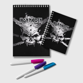 Блокнот с принтом Iron Maiden в городе Новоалтайск, 100% бумага | 48 листов, плотность листов — 60 г/м2, плотность картонной обложки — 250 г/м2. Листы скреплены удобной пружинной спиралью. Цвет линий — светло-серый
 | бас | британия | брюс дикинсон | гитара | группа | дева | железная | метал | нико макбрэйн | рок | стив харрис | хеви | яник герс